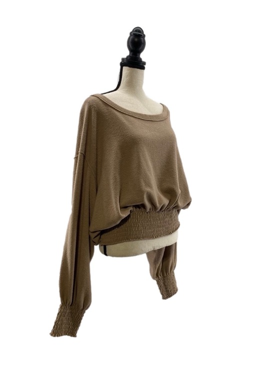We The Free Sweaters - WE THE FREE Taupe Off‑Shoulder Smocked Hem Long Sleeve Sweater—L